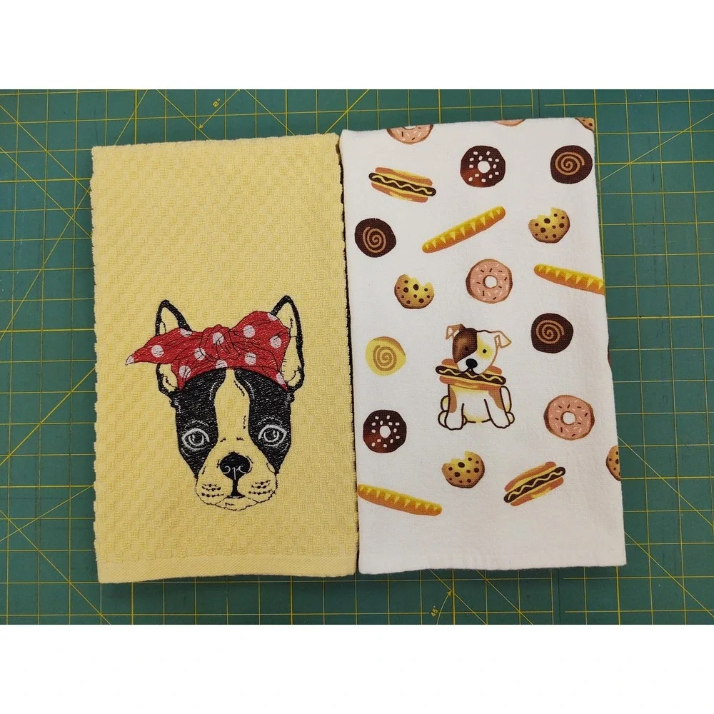 BOSTON TERRIER With Headband Kitchen Bath Hand Bar Towel Set of 2 Hostess Gift!